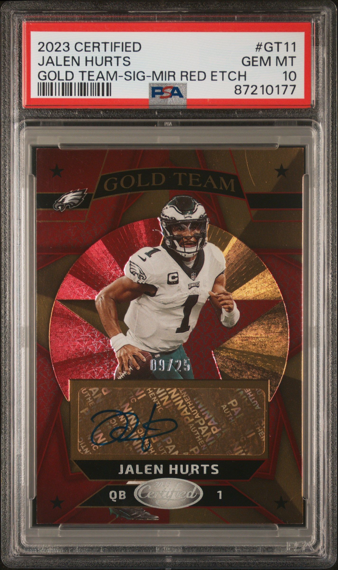 2023 PANINI CERTIFIED GOLD TEAM | SIGNATURE-MIRROR RED ETCH [#9/25]
#GT11 JALEN HURTS