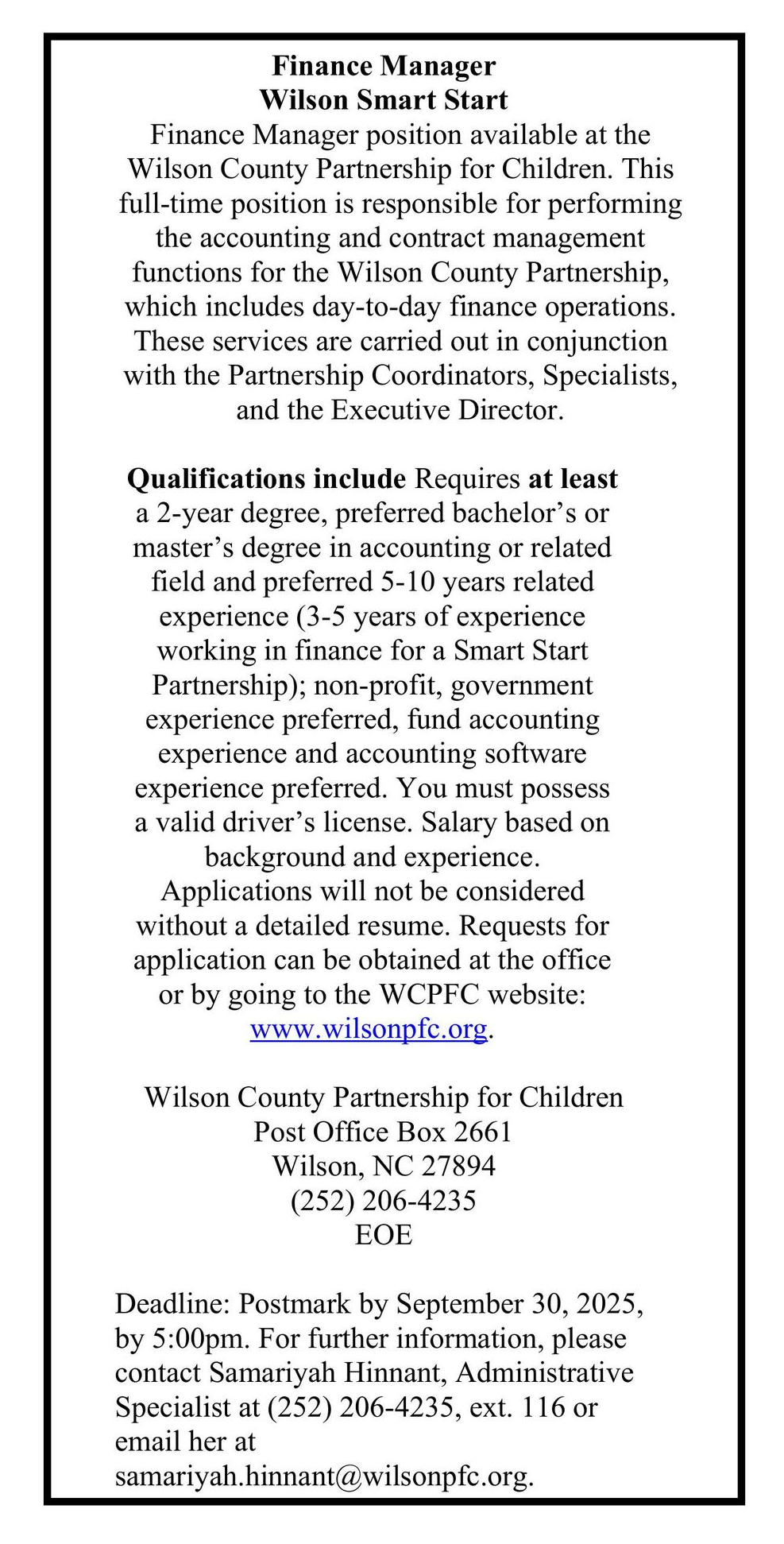 Job posting for Finance Manager at Wilson County Partnership for Children.