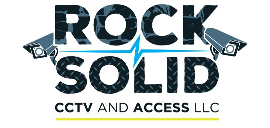 Logo for Rock Solid CCTV and Access LLC: blue, black, and white emblem with a lock icon and text.