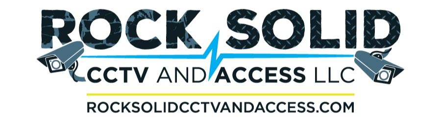 Logo for Rock Solid CCTV and Access LLC: blue, black, and white emblem with a lock icon and text.