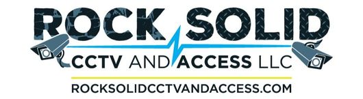 Logo for Rock Solid CCTV and Access LLC: blue, black, and white emblem with a lock icon and text.