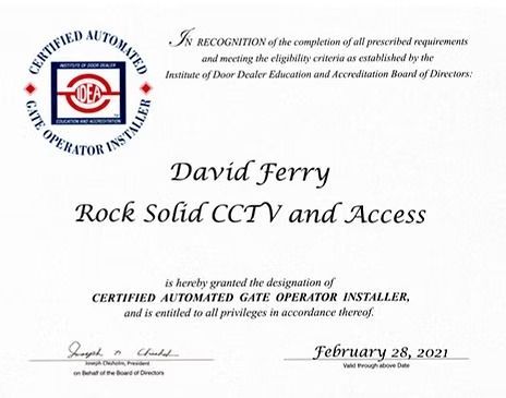 Certificate for David Ferry, a certified automated gate operator installer.