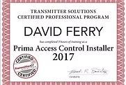 Certificate for David Ferry, Prima Access Control Installer, 2017. Pink border, Transmitter Solutions Certified.
