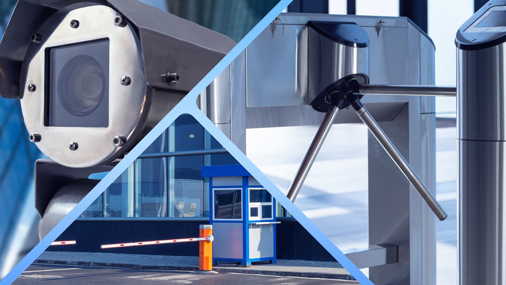 Security camera, turnstile, and guard booth for access control.