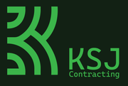 a green logo on a green background for a company called ksj contracting .