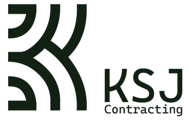 a green logo on a green background for a company called ksj contracting .
