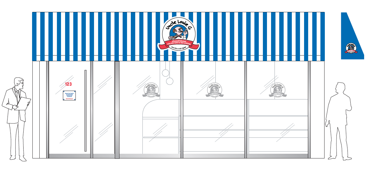 Exterior view of a shop with blue striped awning, glass display windows, and a logo.
