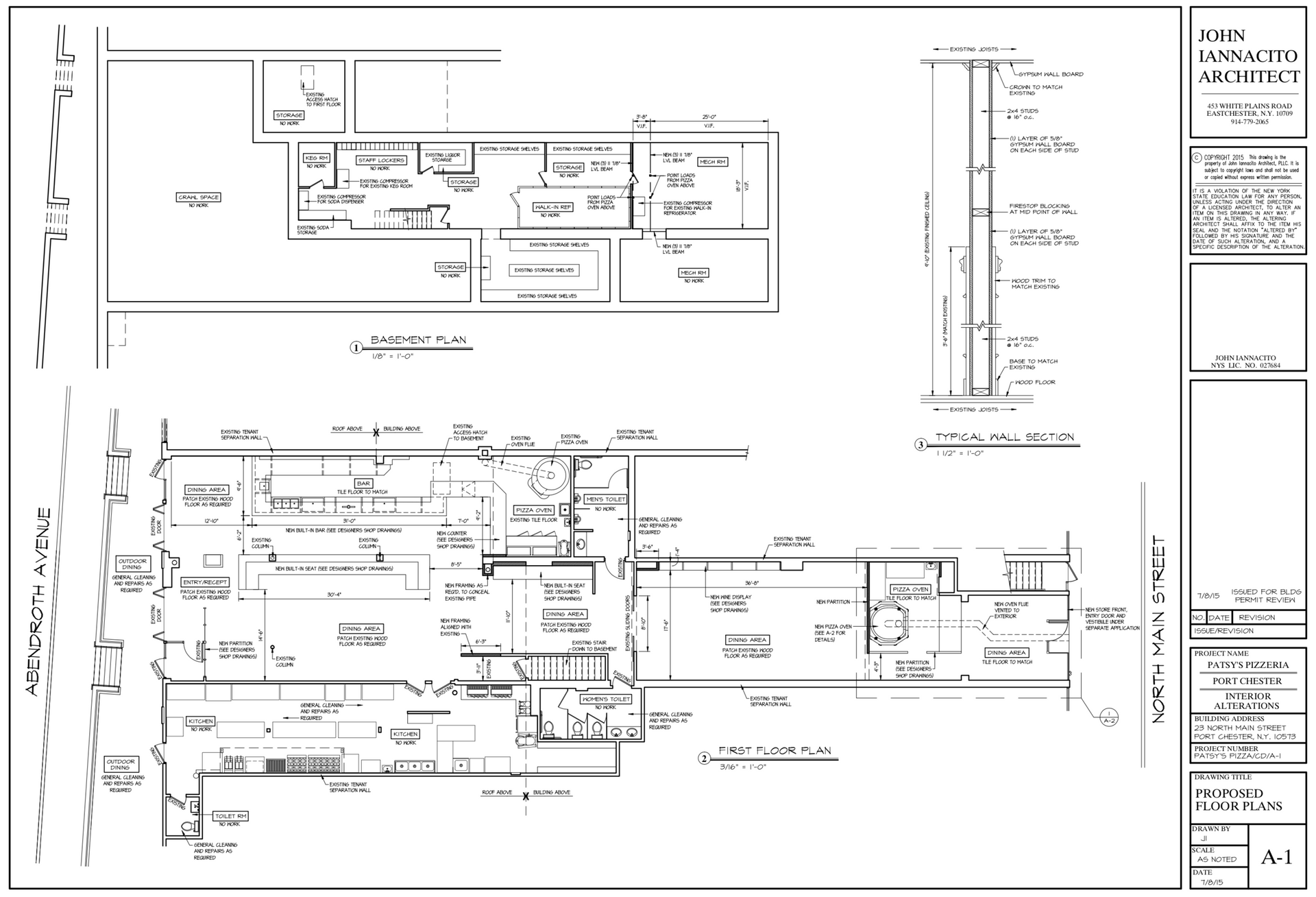 Architectural drawing: detailed floor plan of a building layout with rooms, doors, and dimensions, alongside an elevation drawing.