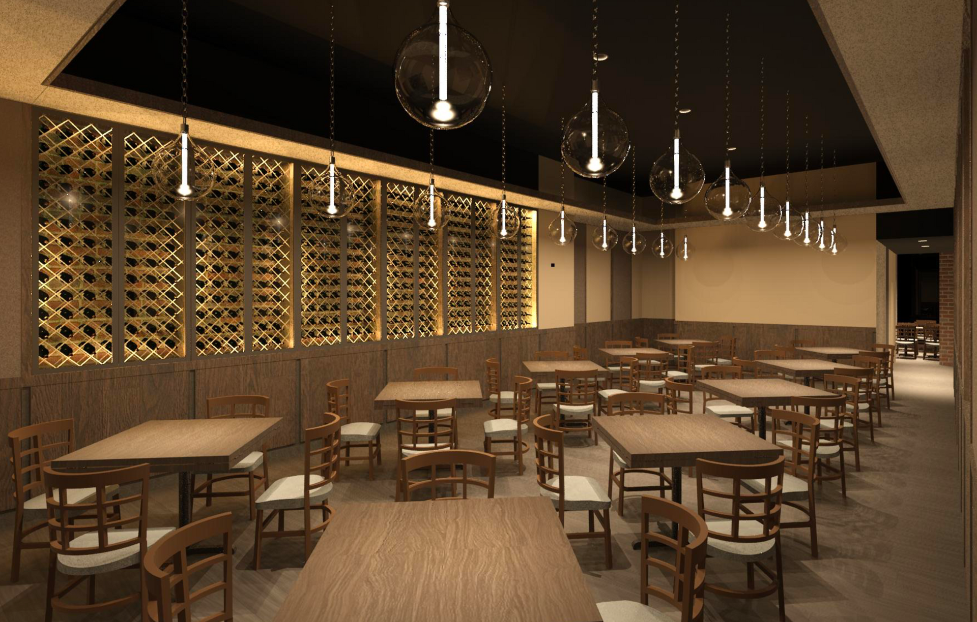 Restaurant interior: wooden tables and chairs, decorative wall, pendant lights.