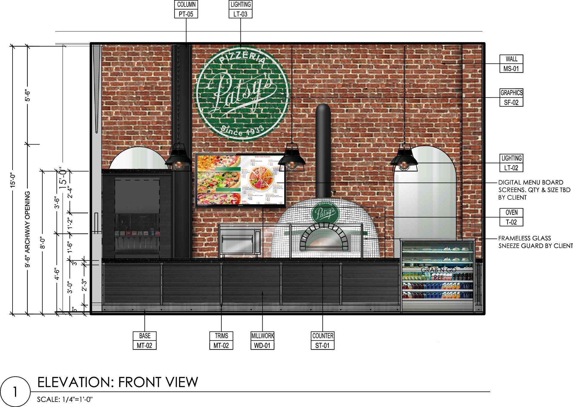 Elevation front view of a pizza restaurant kitchen with brick wall, ovens, signage, and equipment.