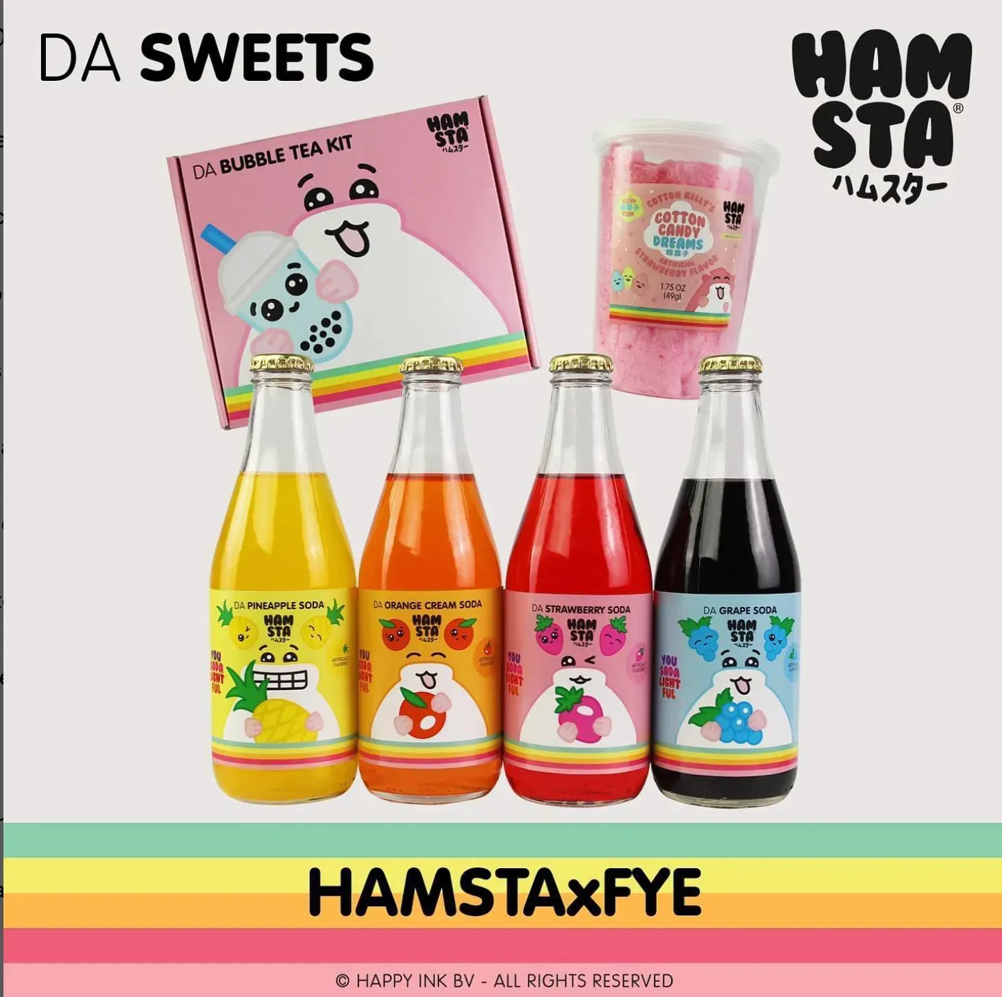 Hamsta bubble tea kit with colorful juice bottles, cotton candy, and a pink box.