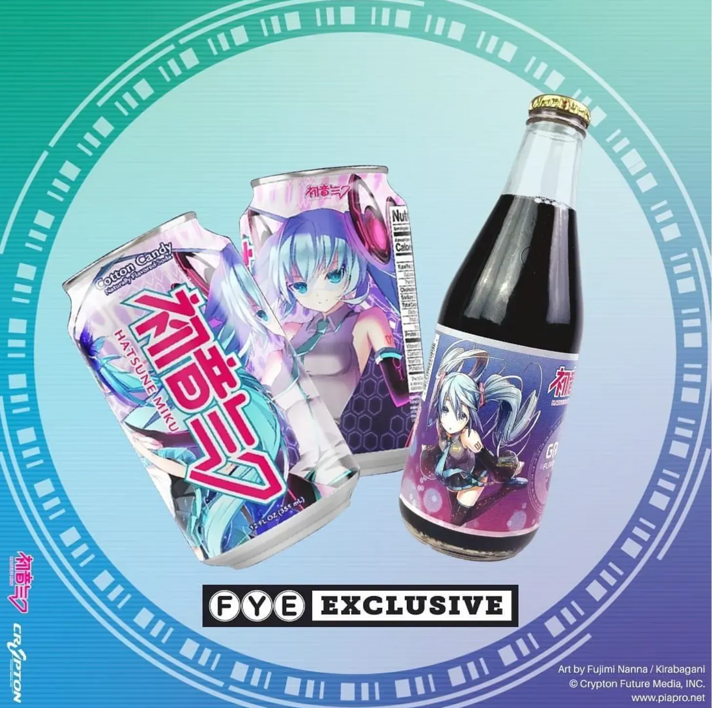 Three beverage containers with anime-style character art. FYE exclusive. Cans and bottle with pink and blue graphics on blue background.