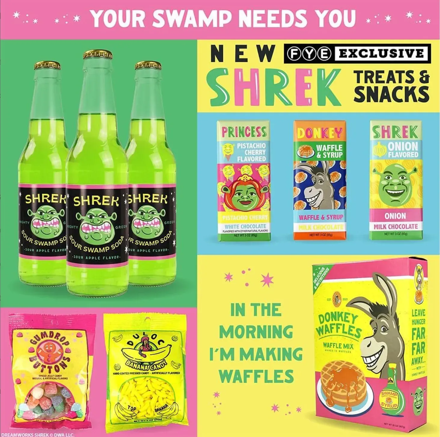 Shrek-themed snacks: green soda, candies, waffles, and treats with Shrek, Donkey, and Princess Fiona on packaging.