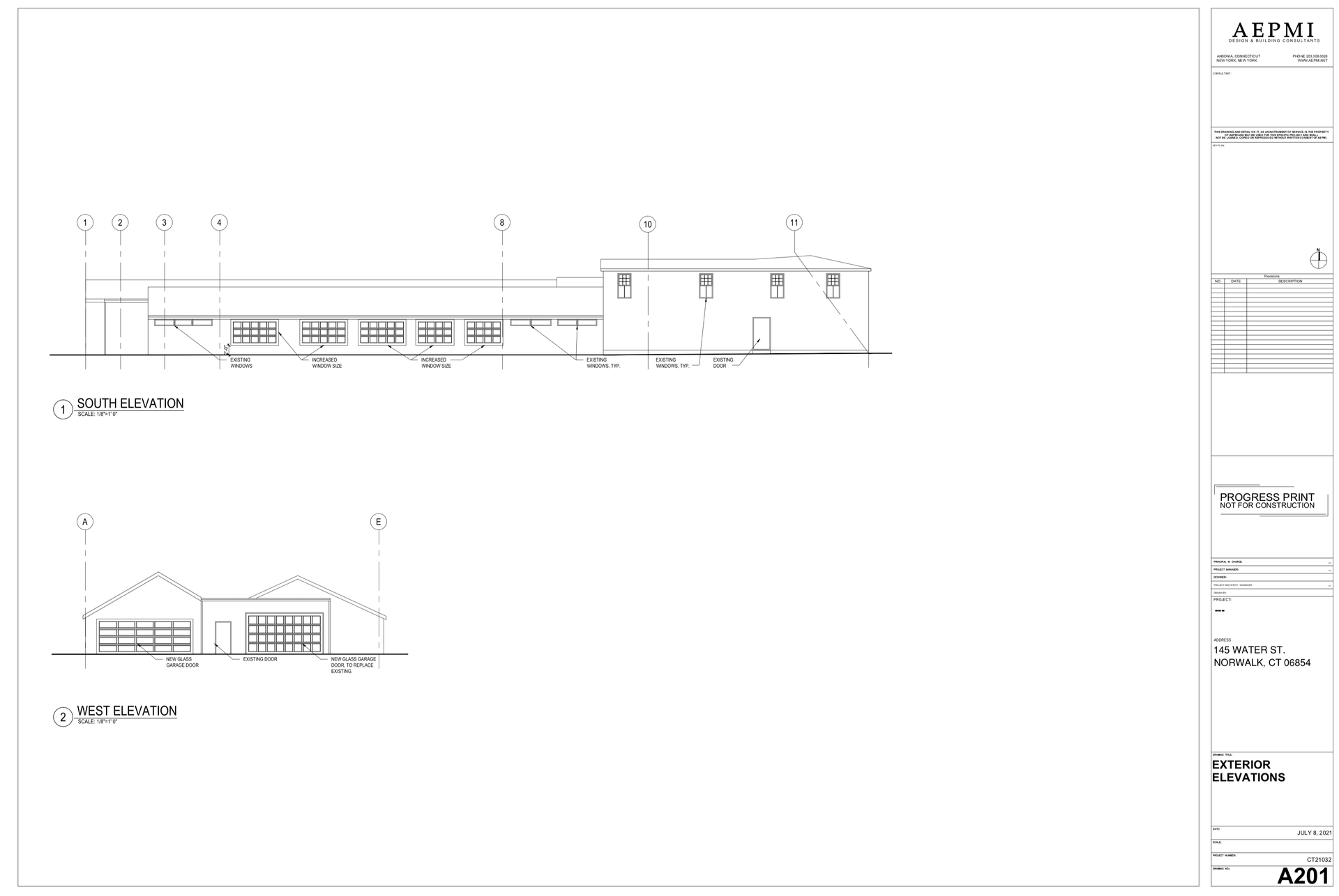 Architectural drawings of a long, low building, with elevations, windows, and roof details.