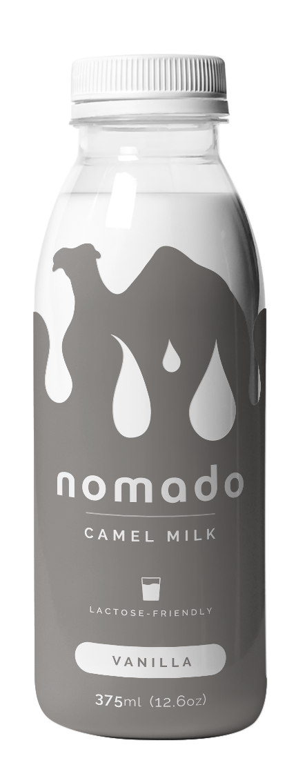 Bottle of Nomado Camel Milk, vanilla flavor, with camel silhouette on the label.