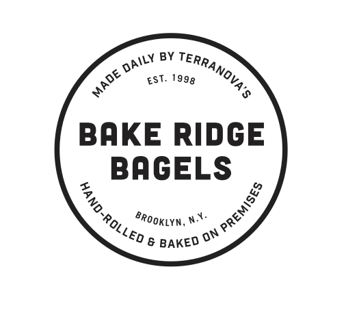 Black and white Bake Ridge Bagels logo in a circle:
