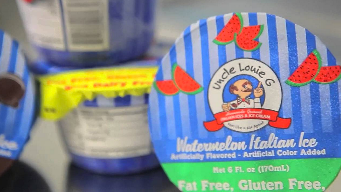 Uncle Louie G's Watermelon Italian Ice containers. Blue and white striped lids, watermelon slices, 