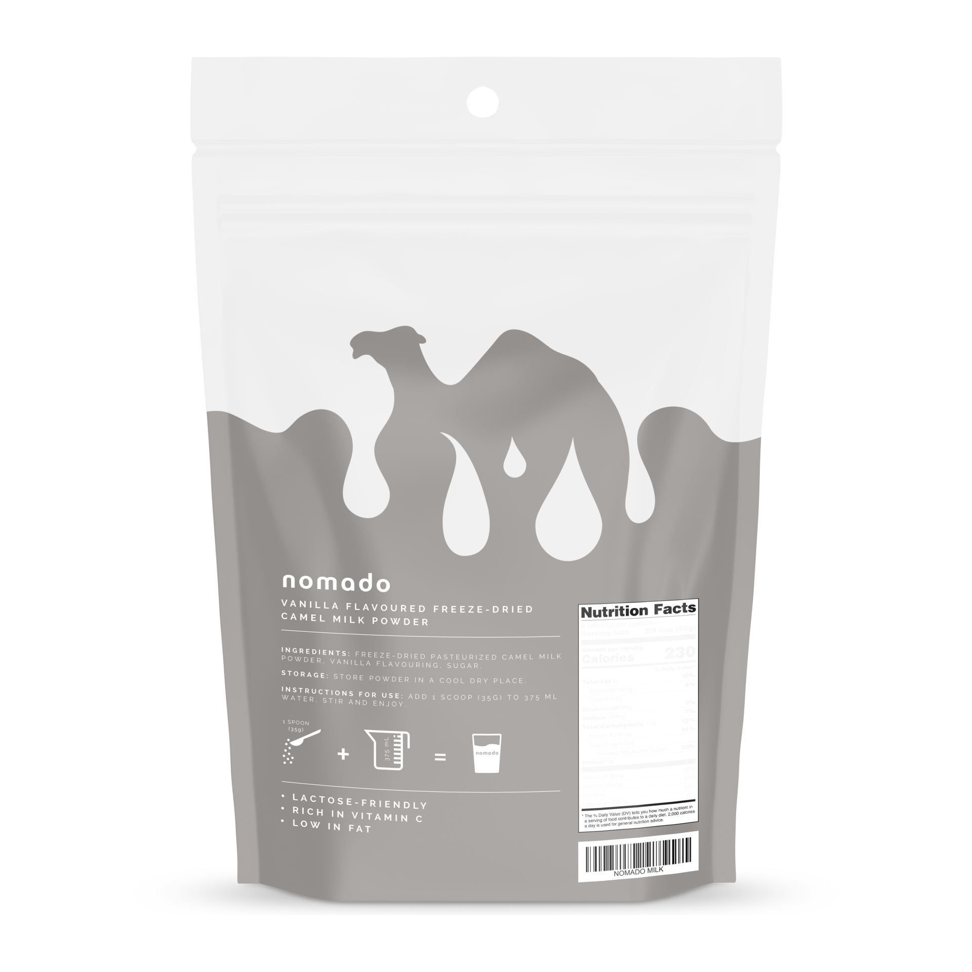 Back view of a light gray pouch with a camel logo, product information, and a nutrition facts label.