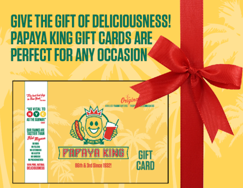 Papaya King gift card with a red ribbon on a yellow background, promoting gift cards.