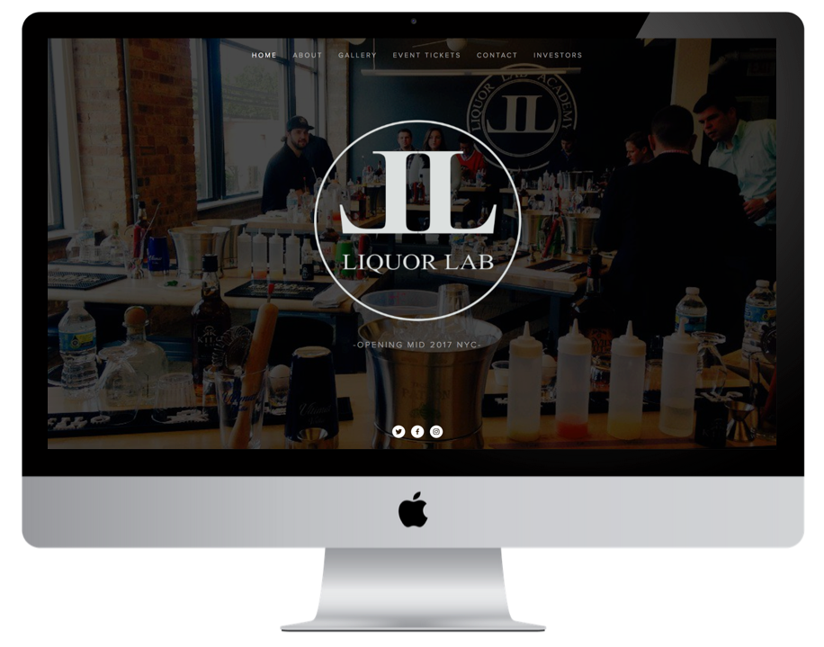 Liquor Lab website on a computer screen, with logo and bar scene in the background.