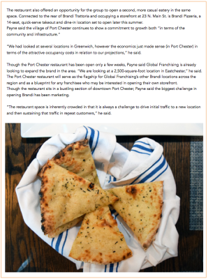 Warm flatbread pieces on a white cloth, text about a restaurant opening in Port Chester.