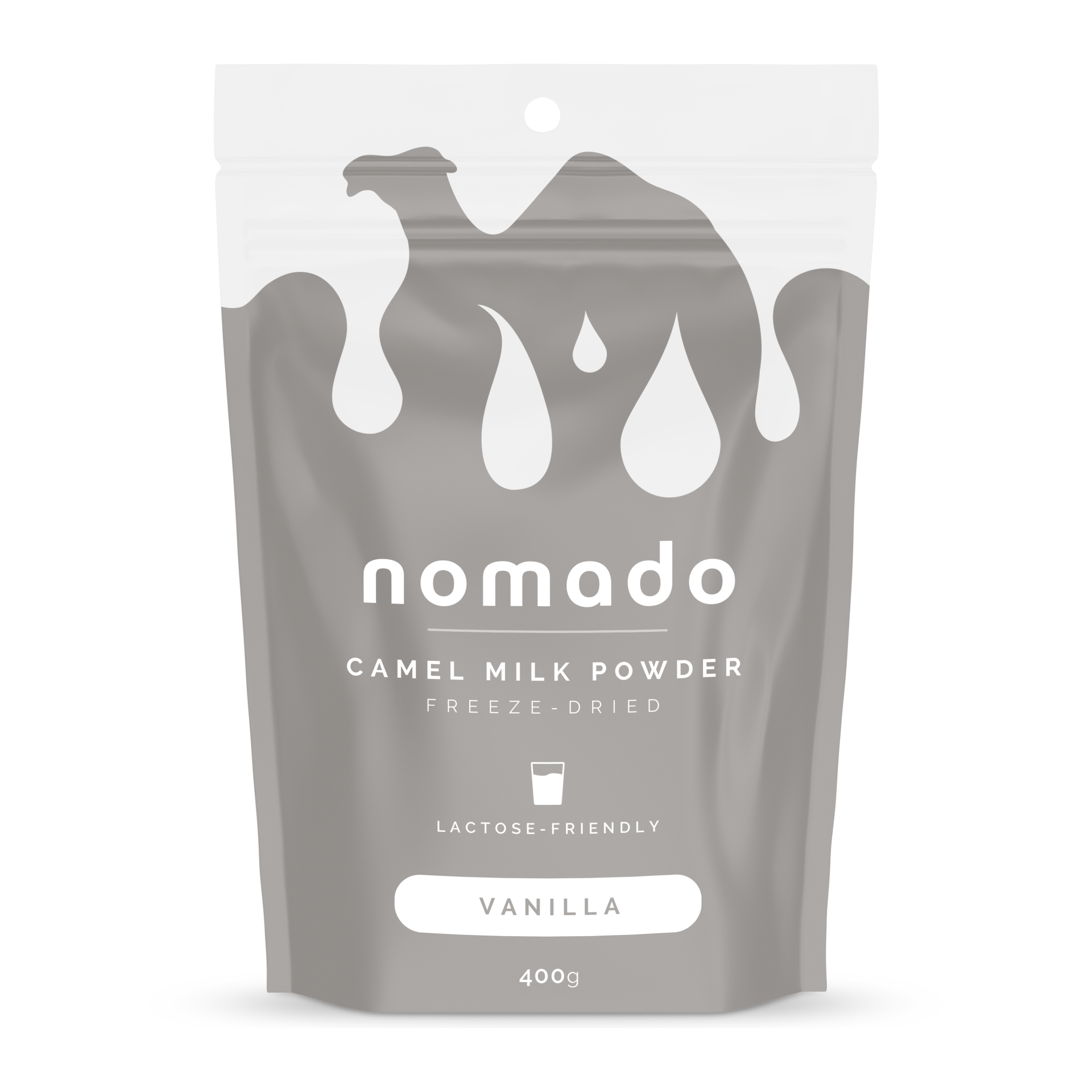 Gray pouch of Nomado camel milk powder with a camel silhouette and 