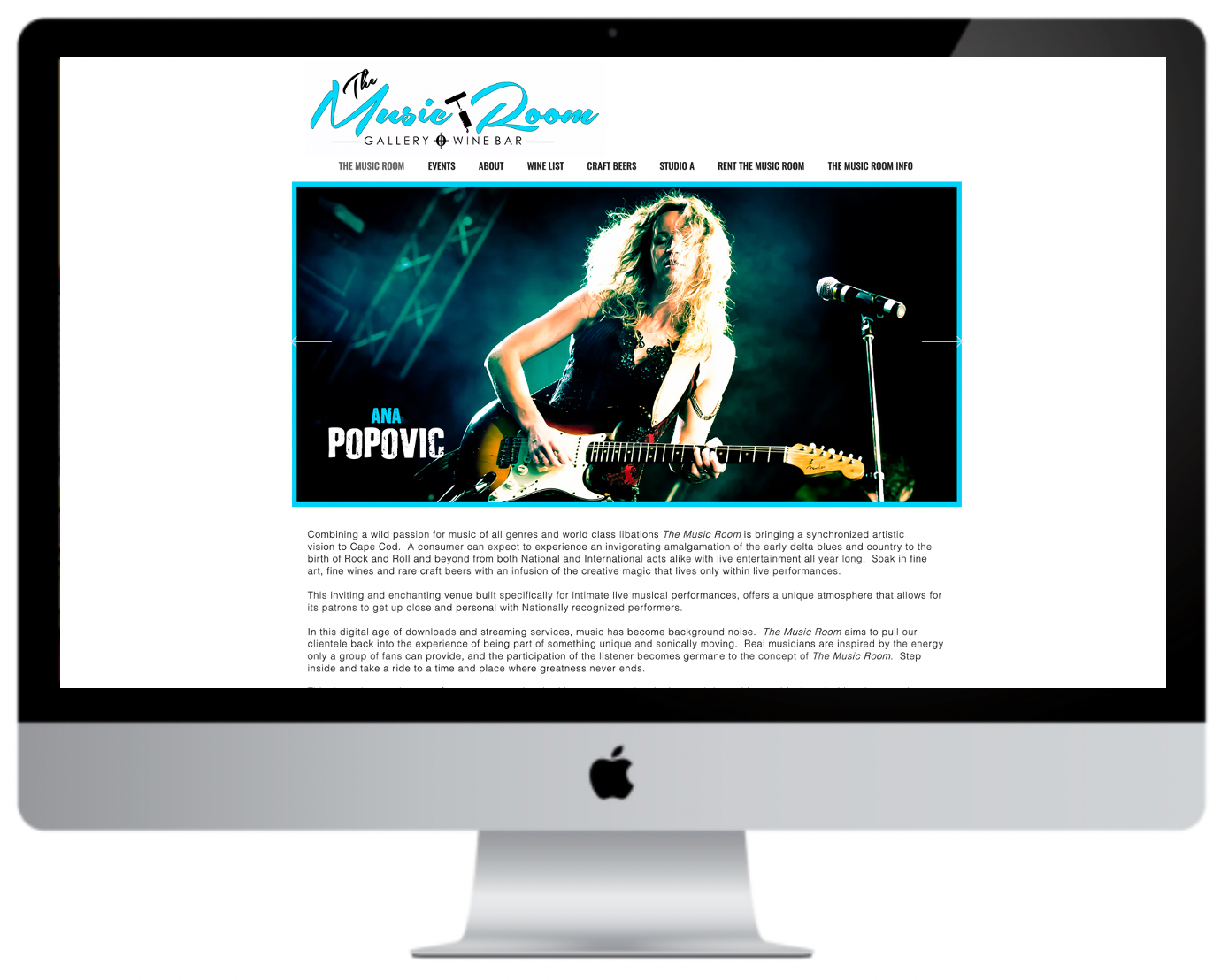 Website featuring Lisa Popovic playing guitar on stage.