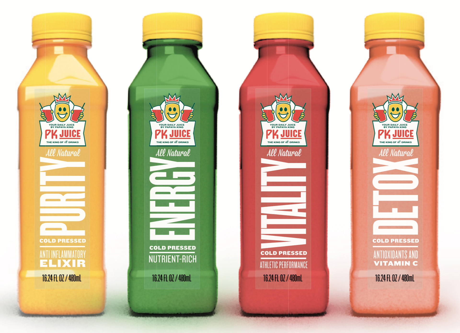 Four colorful juice bottles: Purity (yellow), Energy (green), Vitality (red), and Detox (orange).