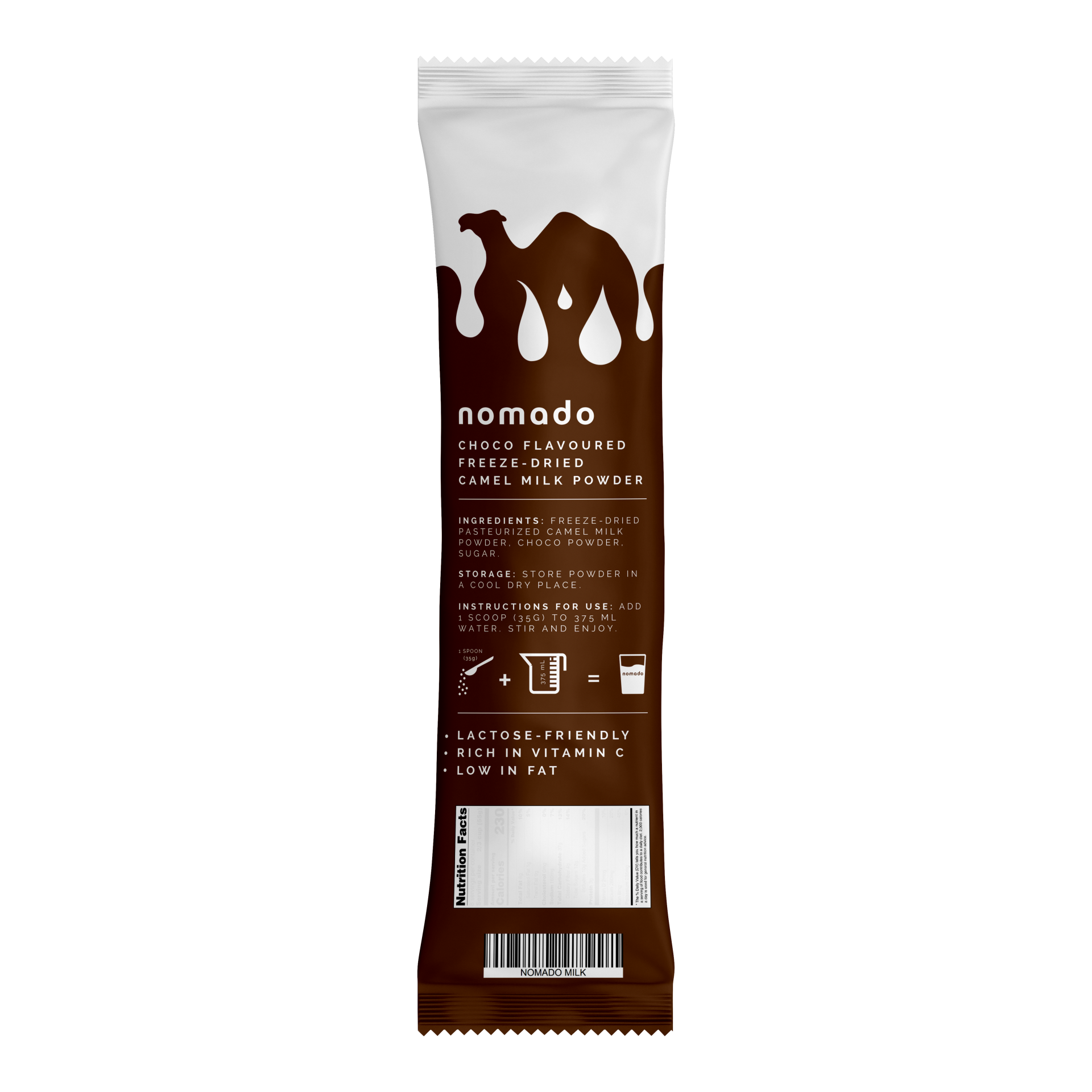 Brown packet of chocolate-flavored camel milk powder with a camel silhouette and text.