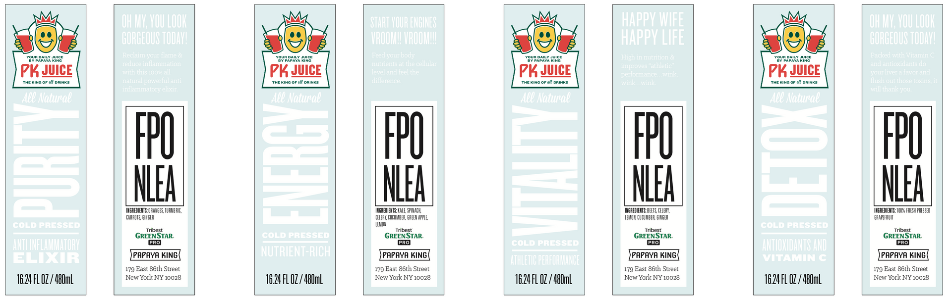 Six light blue juice bottle labels with FPO MLEA text and a cartoon fruit logo.
