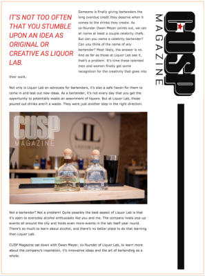 Magazine page with text and photos advertising Liquor Lab, featuring bottles and a bar scene.