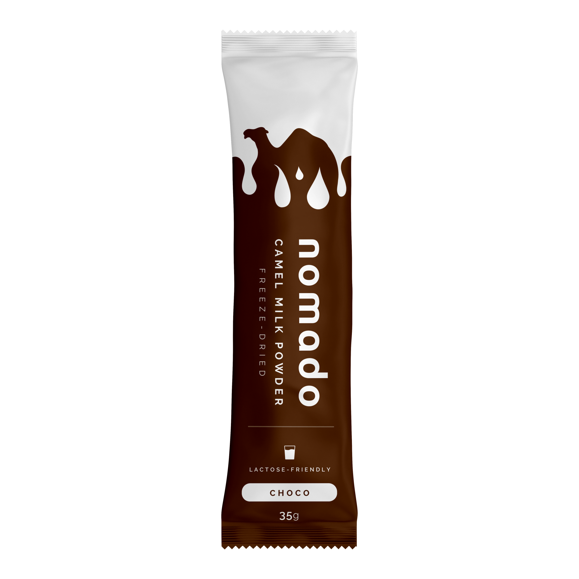 Nomado camel milk powder packet, brown and white, chocolate flavor.