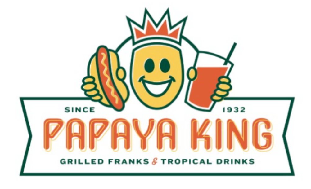 Papaya King logo: Smiling papaya character holding hot dog and drink, with crown. Green border, orange text.