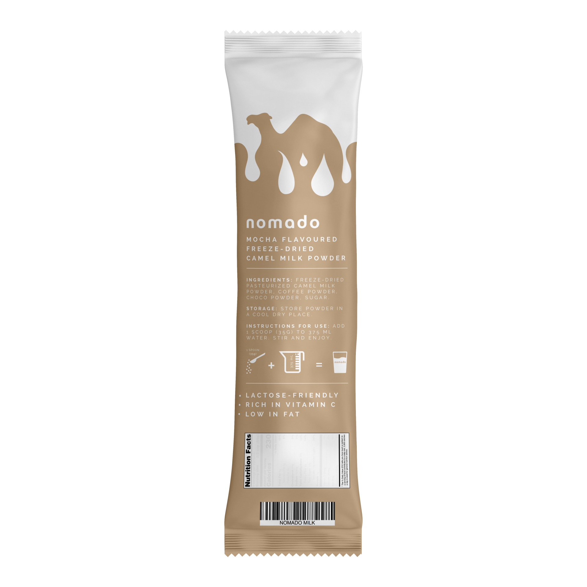 Tan Nomada camel milk stick. Creamy camel graphic with text.