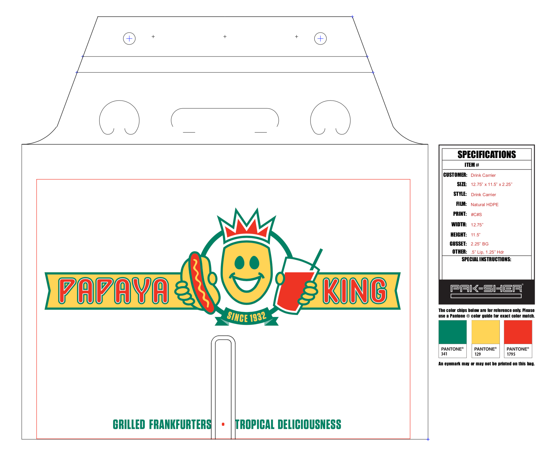 Papaya King food container design. White background with logo: smiling fruit, hotdog, drink, and text. Green, yellow, red colors.