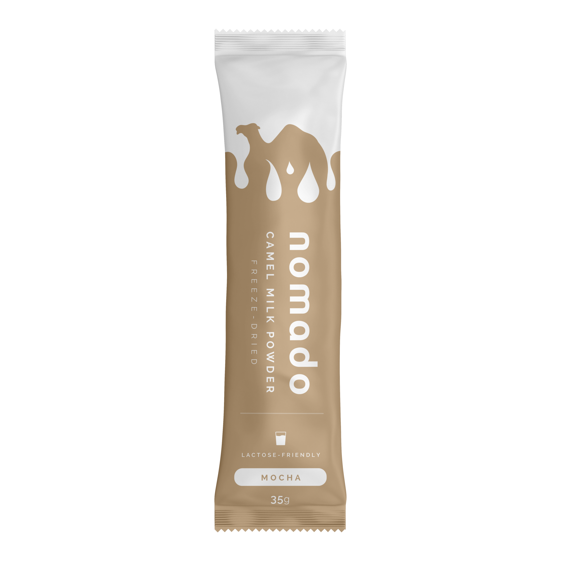 Nomado camel milk powder packet, white top, tan bottom, camel silhouette, Cyrillic text.