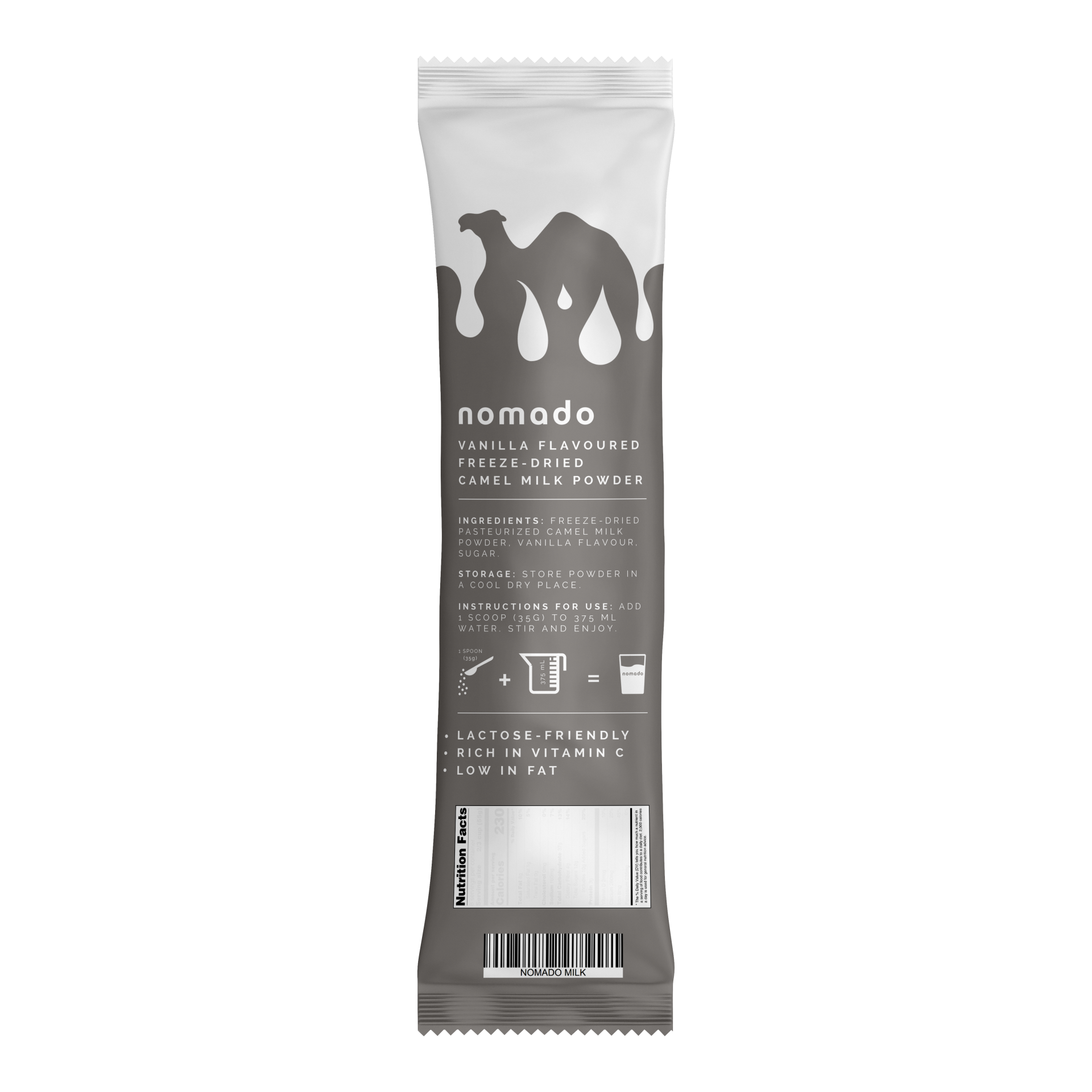 Gray Nomada vanilla-flavored camel milk drink sachet with a camel silhouette.
