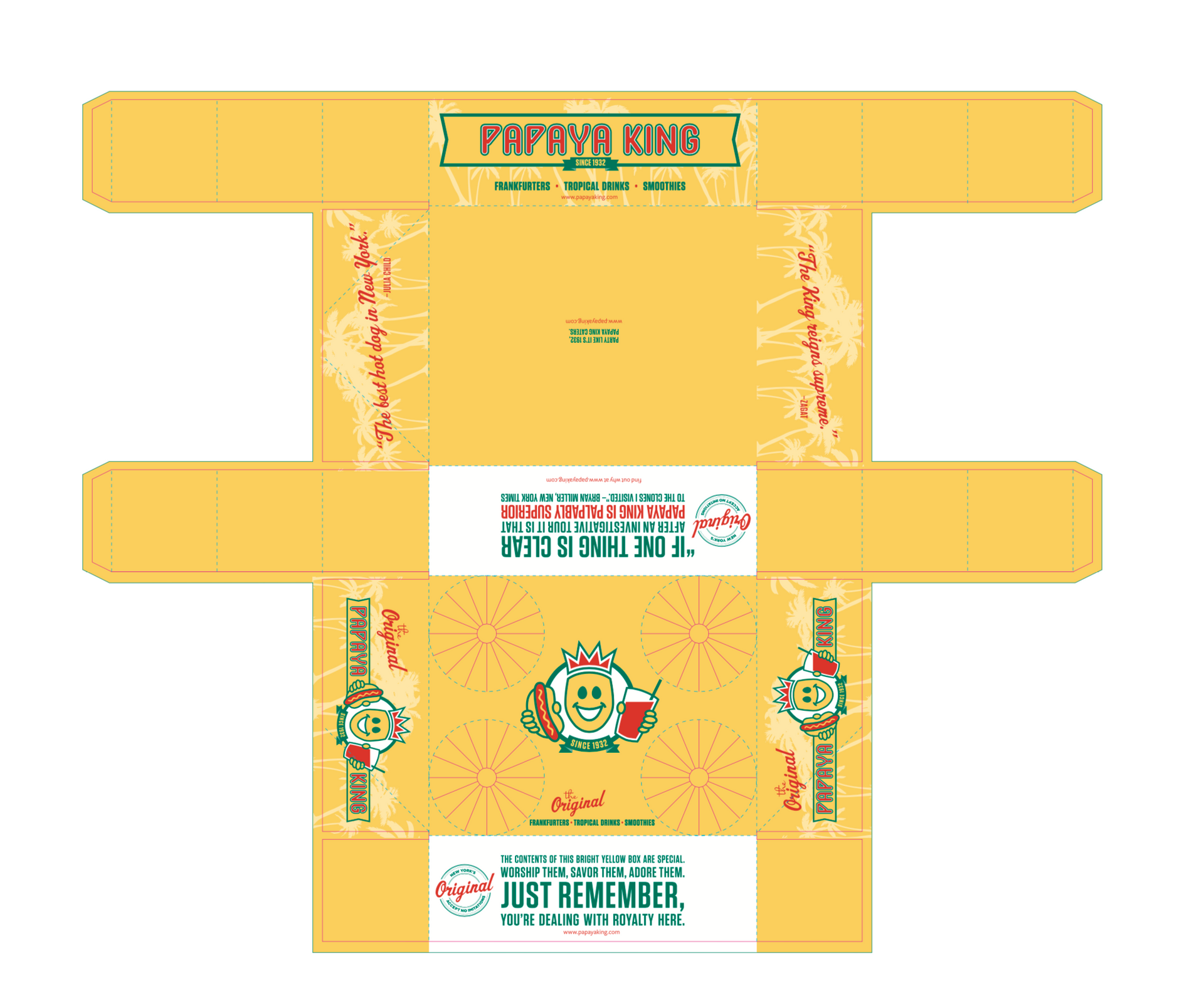 Papaya King hot dog box template, yellow, with logo and folding instructions.