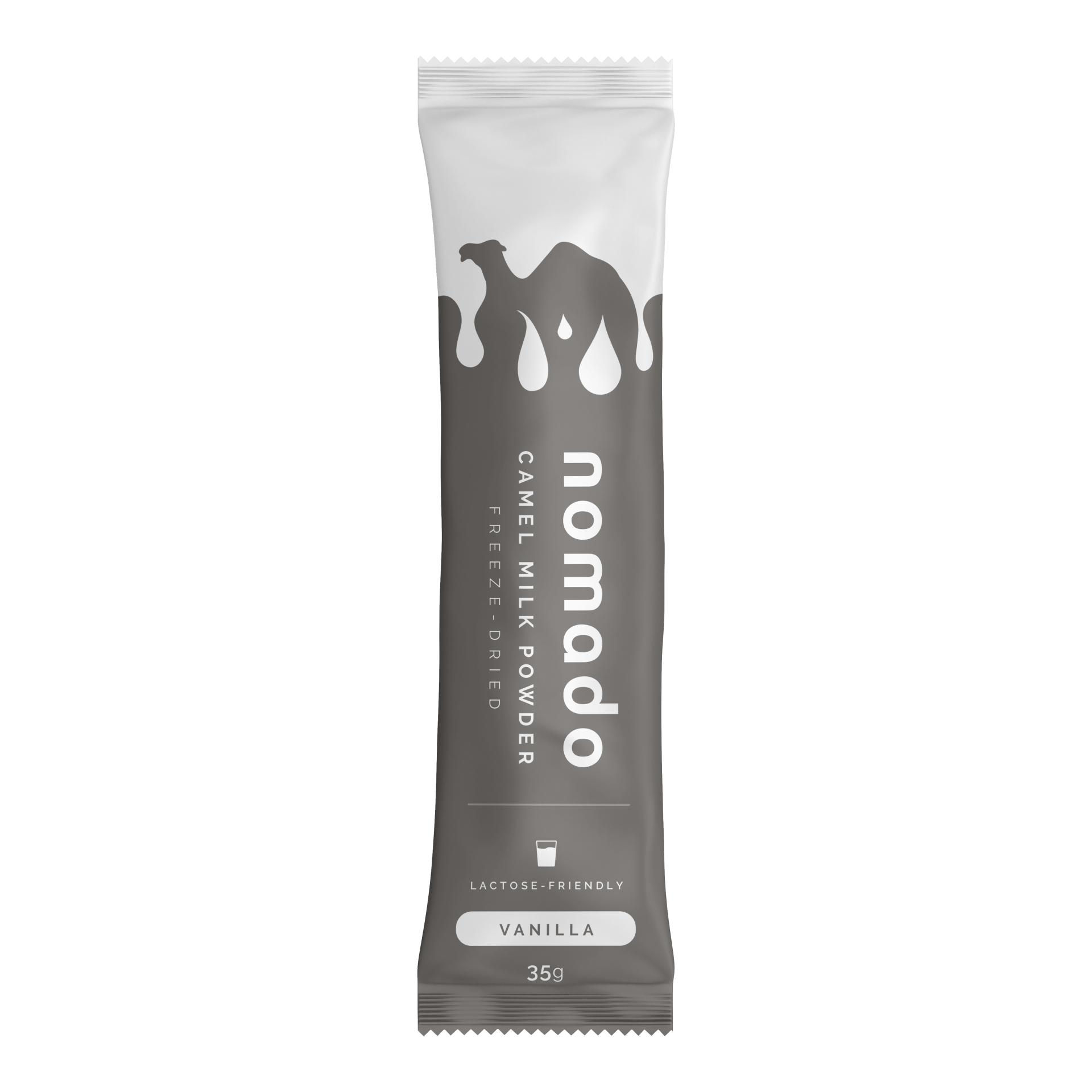 Nomado camel milk powder packet, white and gray with a camel silhouette.