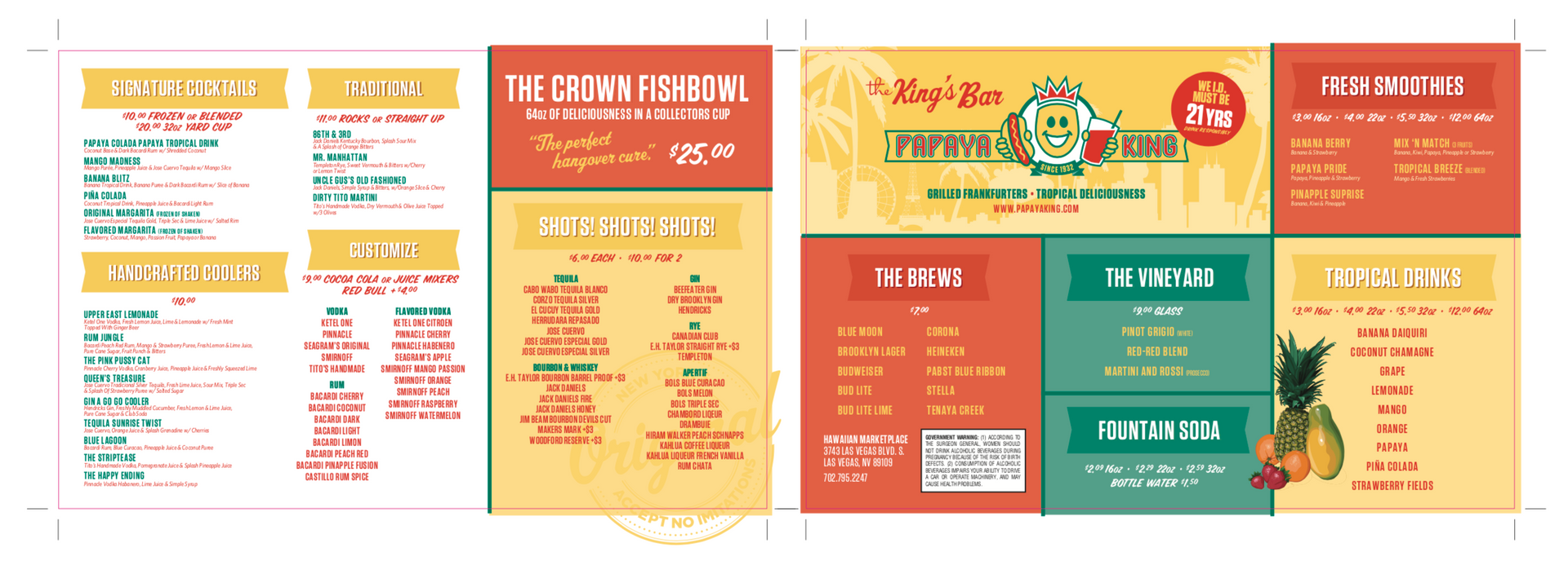 A colorful restaurant menu with food categories and prices. Pineapple graphic at the bottom right.