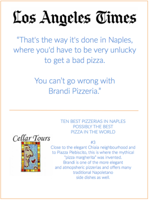 Los Angeles Times article excerpt: Brandi Pizzeria review, Naples. Features a Cellar Tours logo and pizza description.