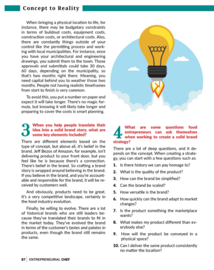 Page with business strategy tips, including an illustration of a lightbulb launching into the sky.