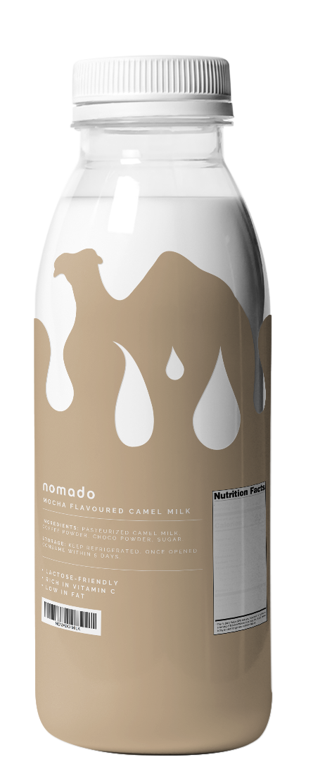 Bottle of camel milk with a camel design on the label.