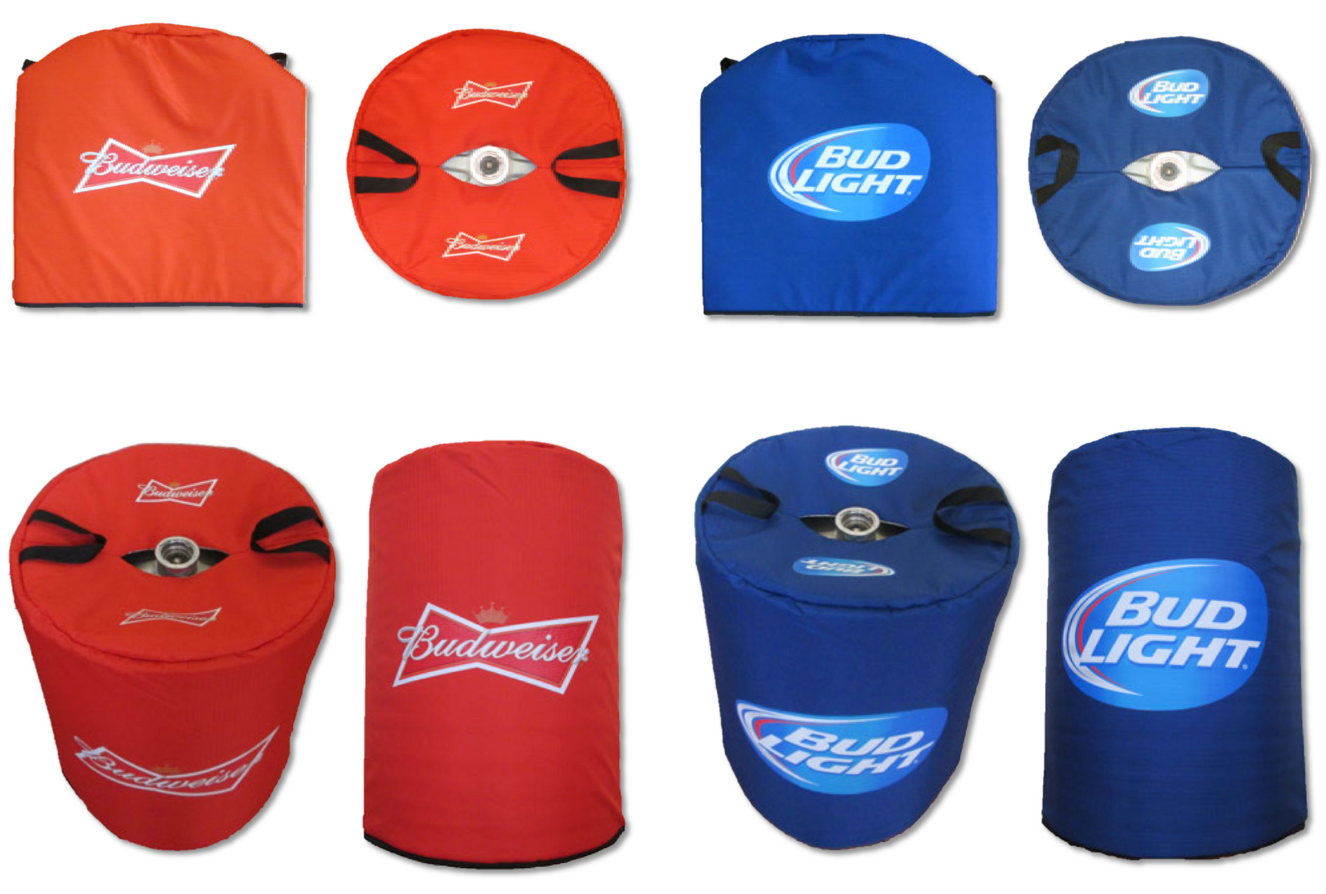 Eight Budweiser and Bud Light branded barrel-shaped beverage coolers, various angles and colors, shown.