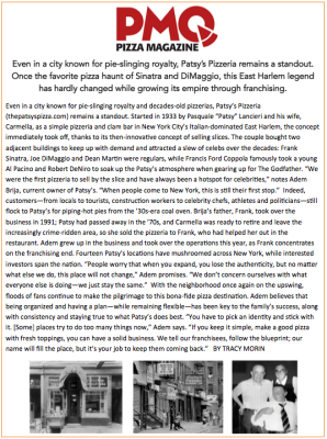 PMQ Pizza Magazine article about Patsy's Pizzeria, including its history and franchising efforts.