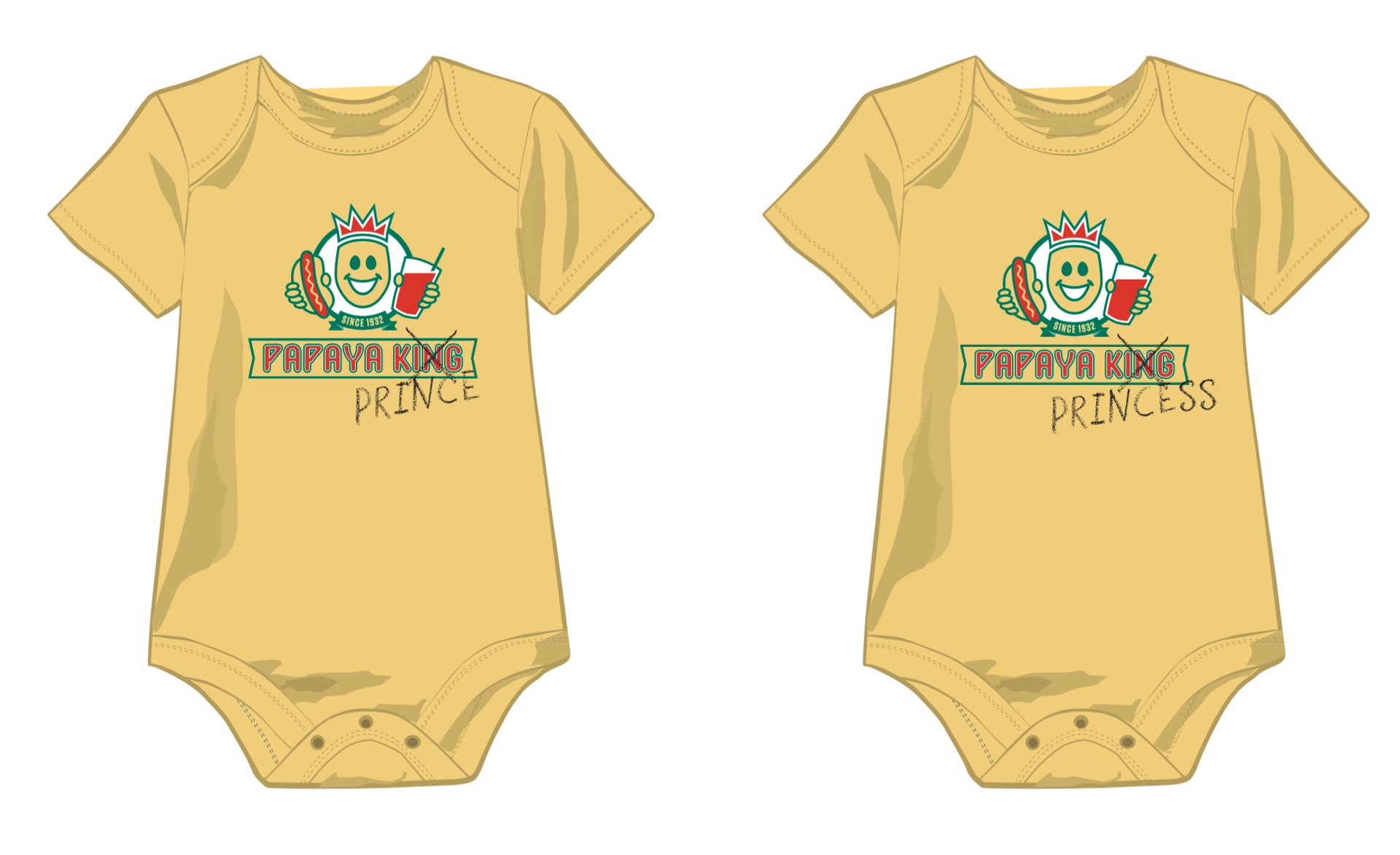 Two yellow baby onesies with a cartoon design and the words 