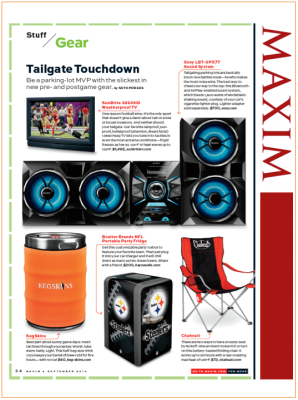 Maxim magazine spread: tailgate gear including a TV, speakers, cooler, a team-themed speaker, and chair.
