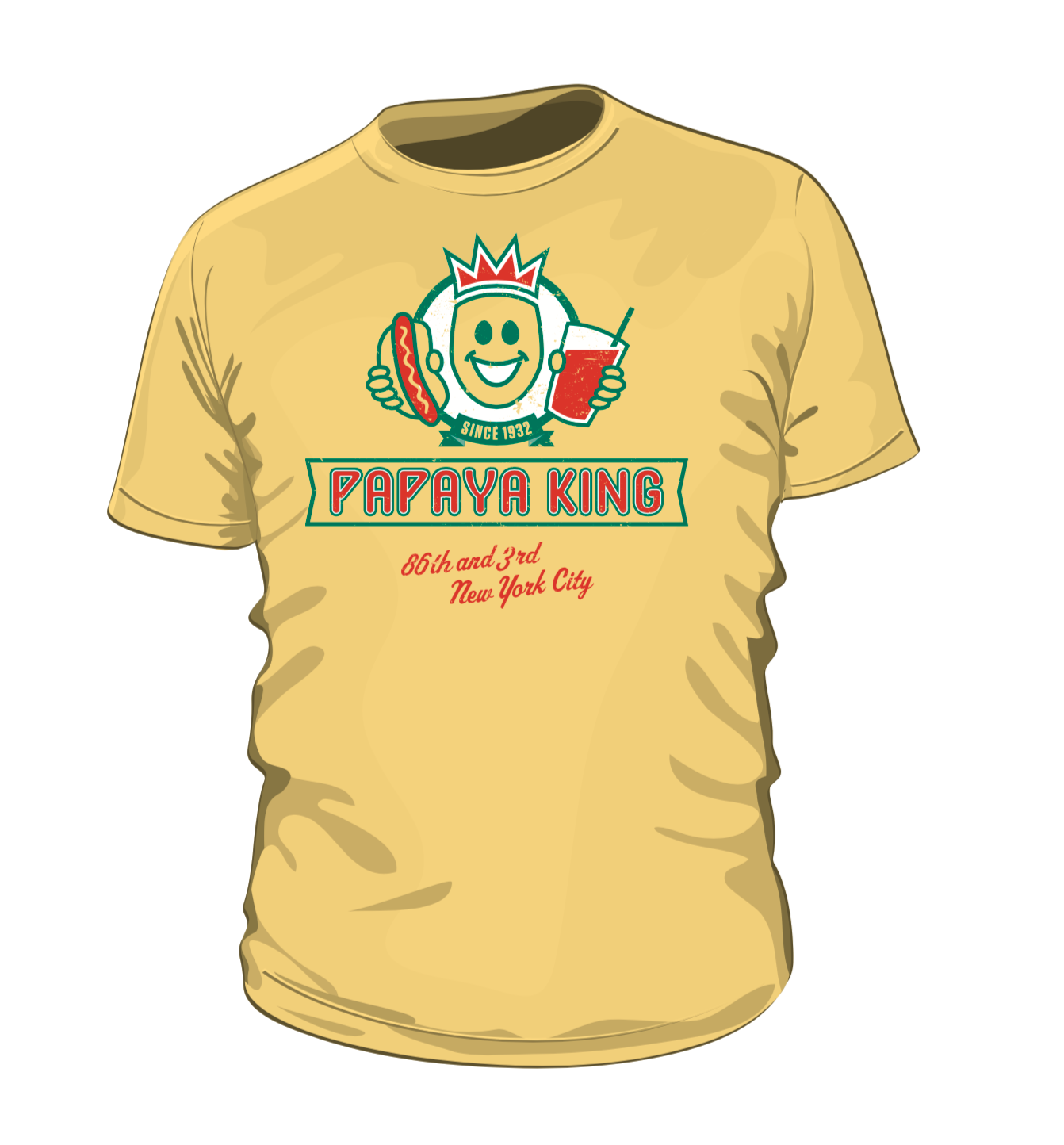 Yellow Papaya King t-shirt with logo: crowned smiley face holding hot dog and drink, over 