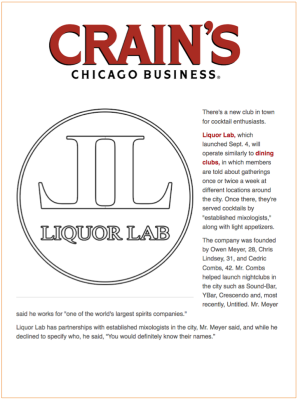 Crain's Chicago Business article announcing Liquor Lab, a new dining club in Chicago, with the club's logo.