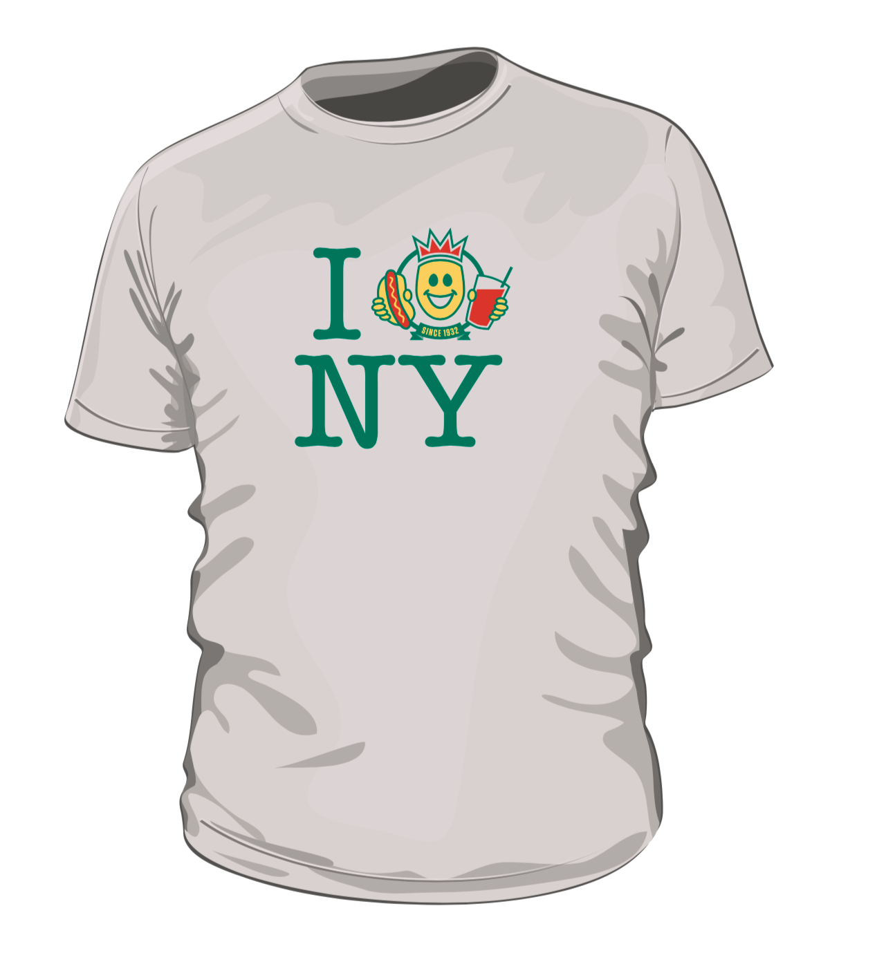 White t-shirt with “I ❤️ NY” logo featuring a hot dog, soda, and Statue of Liberty. Green text and accents.